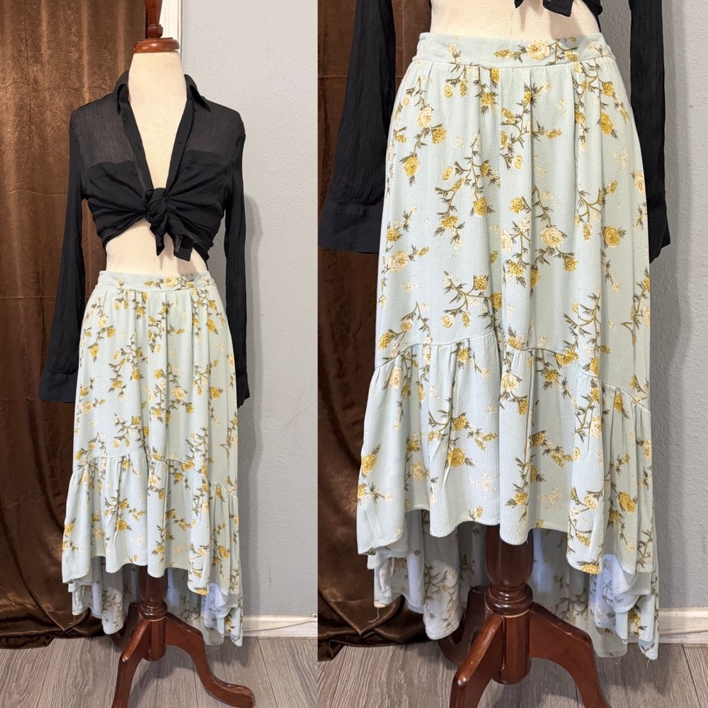 Cottagecore Midi Skirt Size S Blue Yellow Floral High Low Ruffle Tiered Boho